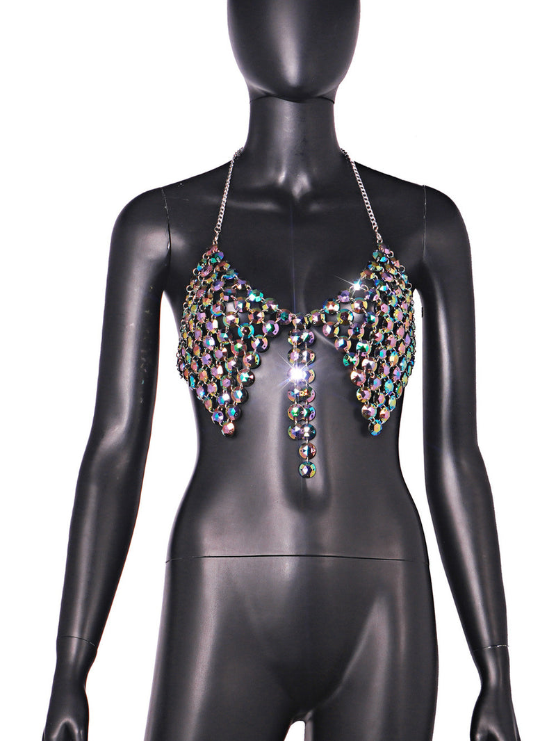 Unreal Color Jewelry Rhinestones Halter Tops , Sexy Body Jewelry, Beads Top, Hot ClubWear 20700