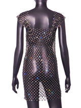 Sexy Fishnet See-through Mesh Cap Sleeves Dress with Rhinestones , Bikini Cover Up ClubWear