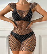 Sexy Fishnet See-through Mesh Cap Sleeves Dress with Rhinestones , Bikini Cover Up ClubWear