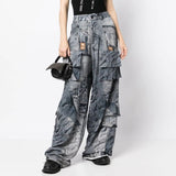 Heavily Ripped Printed Overalls Wide-leg Pants! Hot High Waisted  Denim Jeans Femme Bottoms Pants