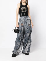 Heavily Ripped Printed Overalls Wide-leg Pants! Hot High Waisted  Denim Jeans Femme Bottoms Pants