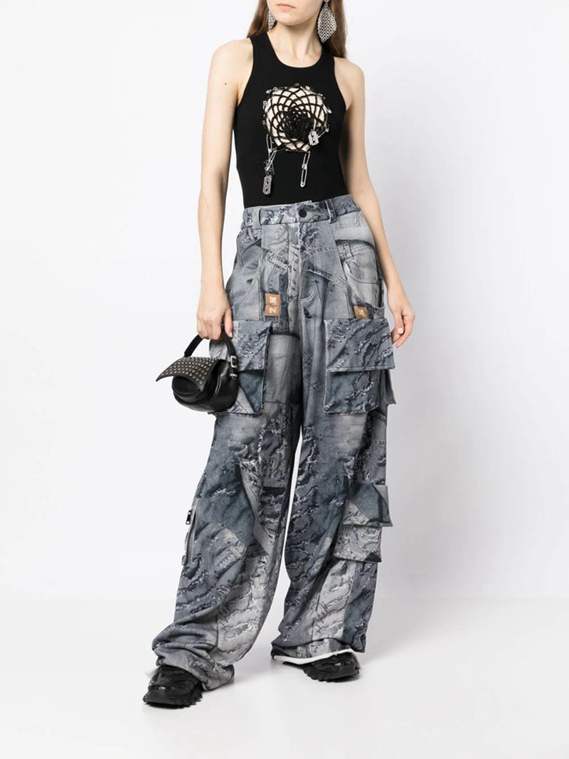 Heavily Ripped Printed Overalls Wide-leg Pants! Hot High Waisted  Denim Jeans Femme Bottoms Pants