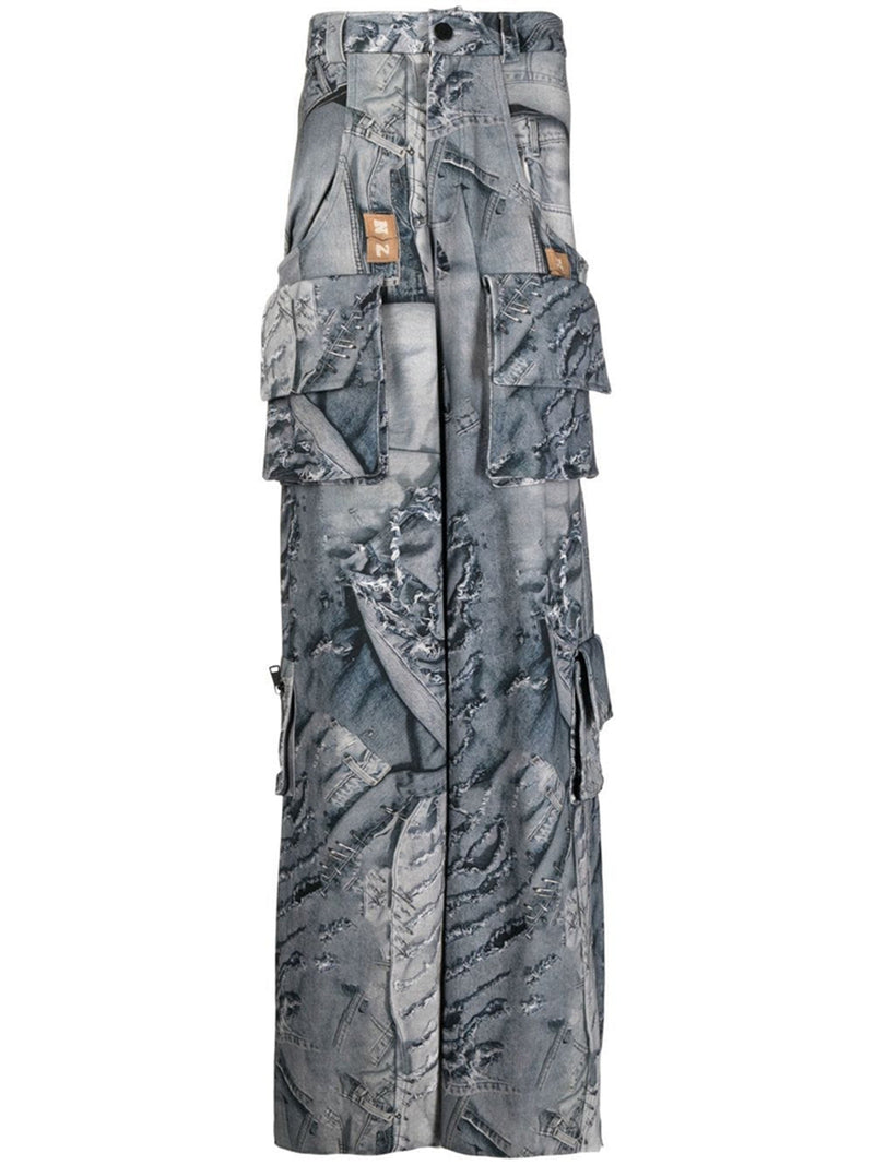 Heavily Ripped Printed Overalls Wide-leg Pants! Hot High Waisted  Denim Jeans Femme Bottoms Pants