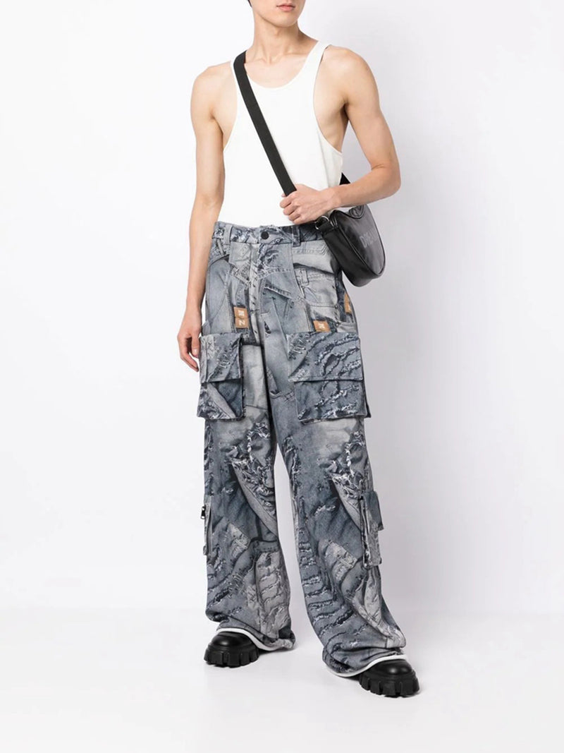 Heavily Ripped Printed Overalls Wide-leg Pants! Hot High Waisted  Denim Jeans Femme Bottoms Pants