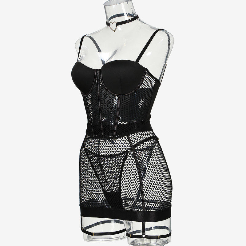 Backless Black Mesh! Sexy Lingerie Bra Panty and Garter Skirt 3-Piece Matching Set, Sexy Lingerie Underwear