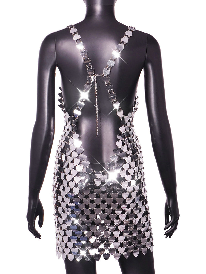 Shine Hand Crafted Silver Heart Shape Plates Metal slip Dress ! Sexy Body Jewelry Dress Hot ClubWear 2308