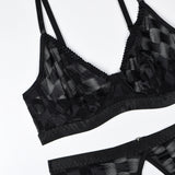 Black Checks! Sexy Mesh Lingerie Bra Panty and Garter 3-Piece Matching Set, Sexy Lingerie Underwear