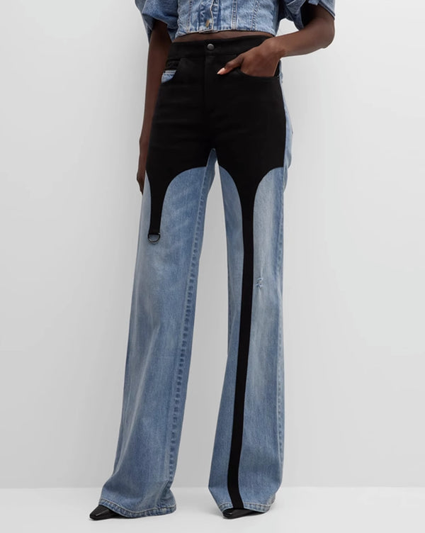 Unique Designer Asymmetric Wide-Leg Jeans! High Waisted Blue Denim Jeans Femme Bottoms