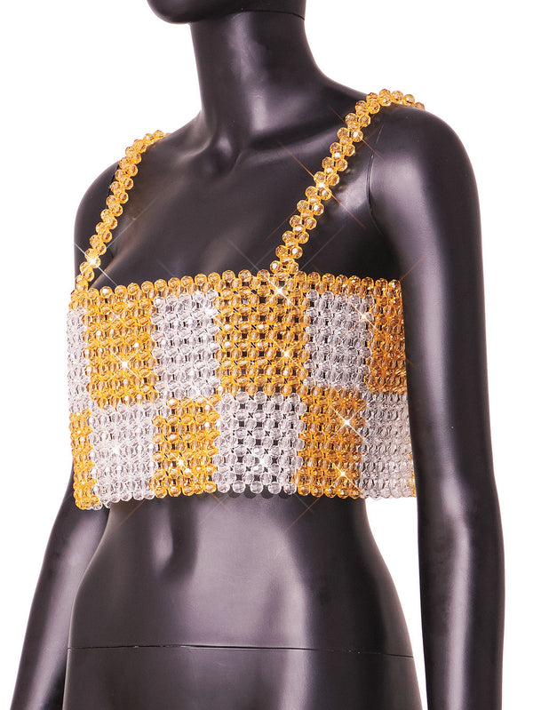 Clear Shine Gold Beads Crop Top! Chic Faux Gem Beads Sexy Tank Crop Top, Shining Hot Tops for Club Party