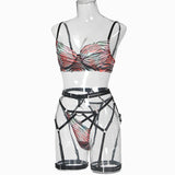 Red-Black Stripesl ! Sexy Lingerie Bra Panty and Garter 3-Piece Matching Set, Sexy Lingerie Underwear