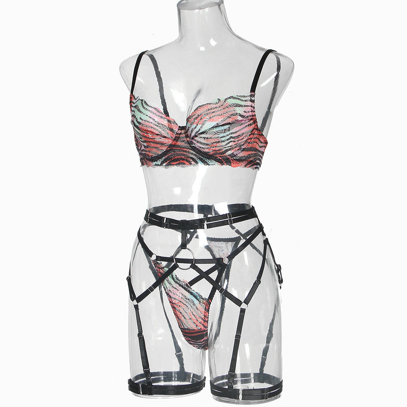 Red-Black Stripesl ! Sexy Lingerie Bra Panty and Garter 3-Piece Matching Set, Sexy Lingerie Underwear