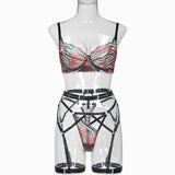 Red-Black Stripesl ! Sexy Lingerie Bra Panty and Garter 3-Piece Matching Set, Sexy Lingerie Underwear