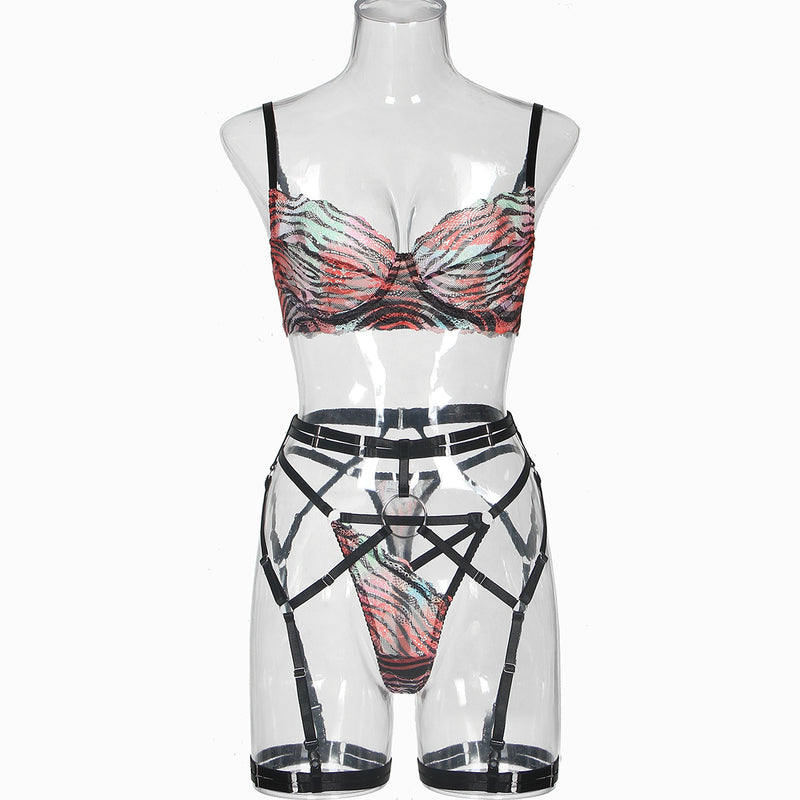 Red-Black Stripesl ! Sexy Lingerie Bra Panty and Garter 3-Piece Matching Set, Sexy Lingerie Underwear