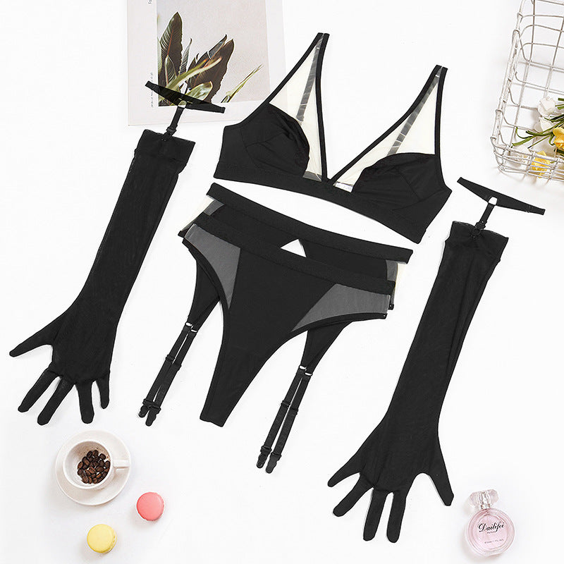 Black Gloves! Sexy Gothic Lingerie Top Bra Panty and Garter 3-Piece Matching Set, Sexy Lingerie Underwear