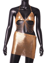 Shine Gold Hand Crafted Metal Fringed Bra Top and Skirt 2-piece Set ! Metallic Sexy Hot ClubWear 2308