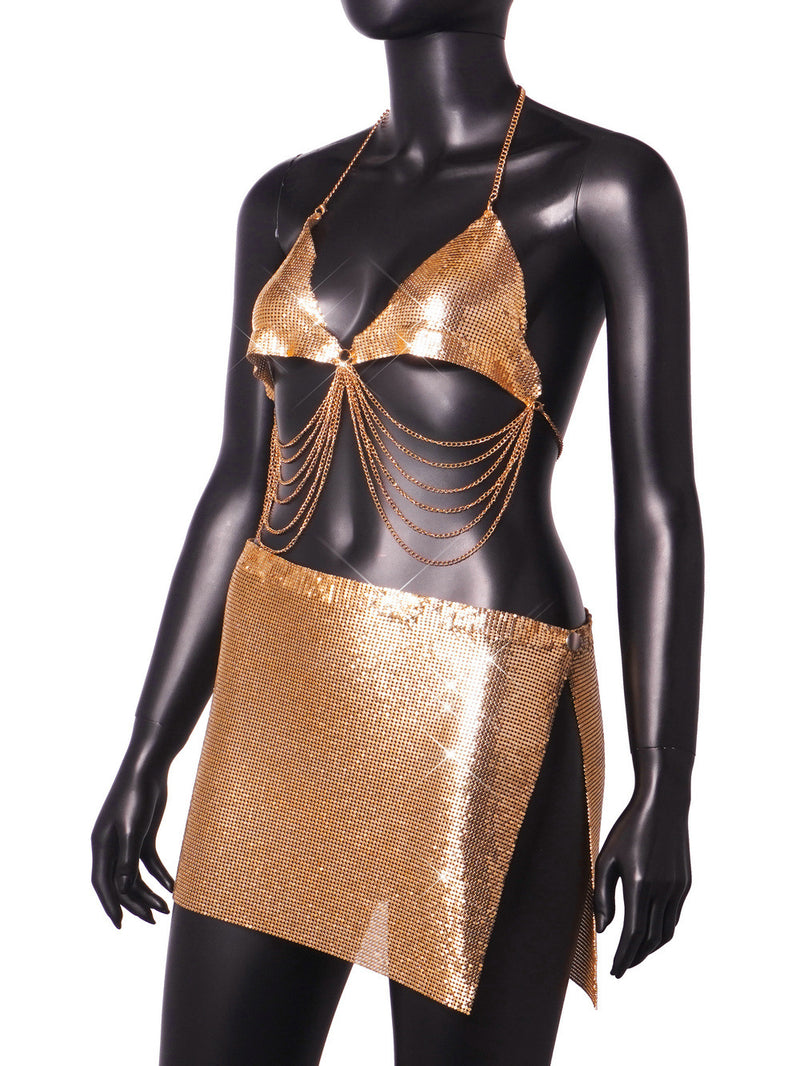 Shine Gold Hand Crafted Metal Fringed Bra Top and Skirt 2-piece Set ! Metallic Sexy Hot ClubWear 2308