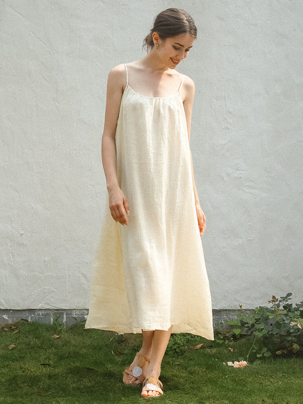 Natural Ramie Linen Casual Basic Slip Long Home Dress!  Comfortable Linen Basic Dress loungewear 2305