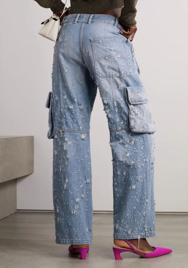 Holes Ripped Overalls Wide-leg Pants! Hot High Waisted  Denim Jeans Femme Bottoms Pants
