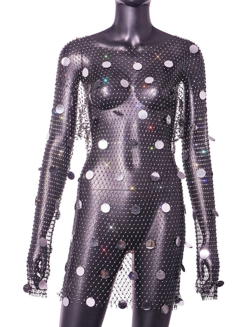 Metal Polka Dots Blingbling Fishnet Dress with Shining Rhinestones , Bikini Cover Up Dress