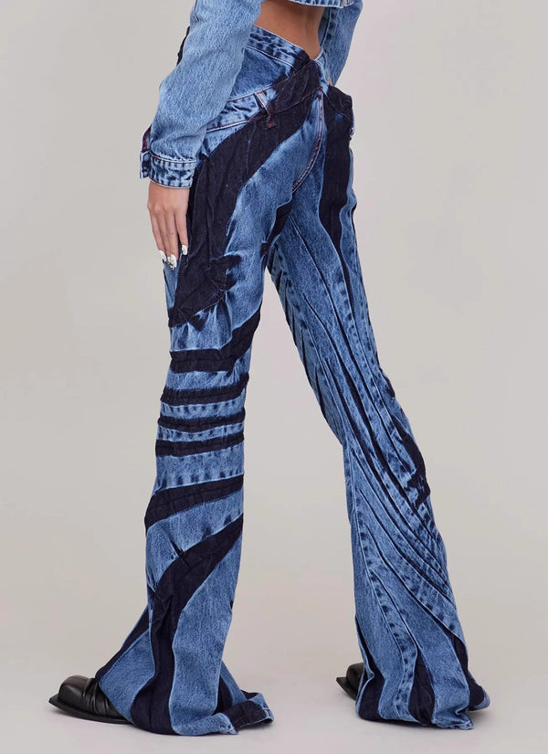 Striped Patch Wide-leg Bell-bottom Jeans Pants! Low Waisted Denim Jeans Femme Bottoms Pants