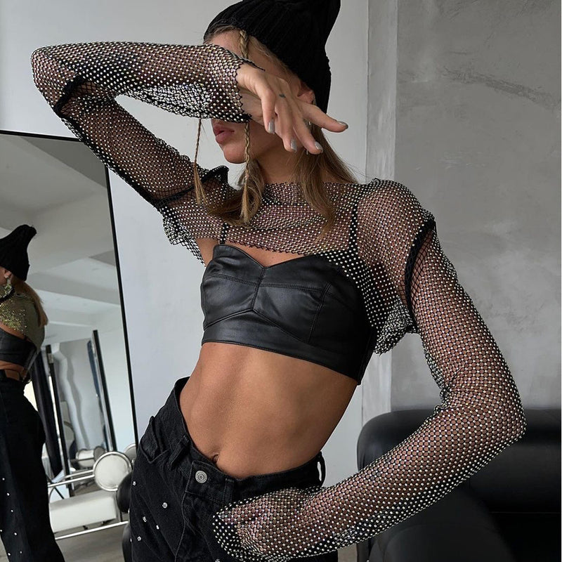 Bling bling Long Sleeve Mesh Crop Top with Shining Rhinestones, Bikini Cover Up Tops, Club Wear