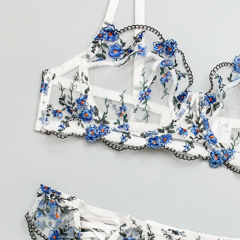 Blue Embroidery Floral ! Sexy Lingerie Bra Panty and Garter 3-Piece Matching Set, Sexy Lingerie Underwear