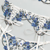 Blue Embroidery Floral ! Sexy Lingerie Bra Panty and Garter 3-Piece Matching Set, Sexy Lingerie Underwear