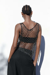 Blingbling Black  Fishnet Tank Top Vest with Shining Rhinestones , Bikini Cover Up Tops