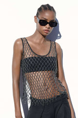 Blingbling Black  Fishnet Tank Top Vest with Shining Rhinestones , Bikini Cover Up Tops