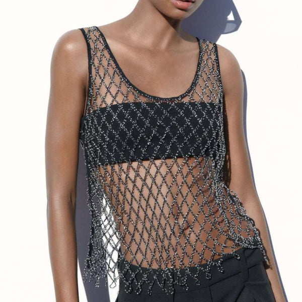 Blingbling Black  Fishnet Tank Top Vest with Shining Rhinestones , Bikini Cover Up Tops