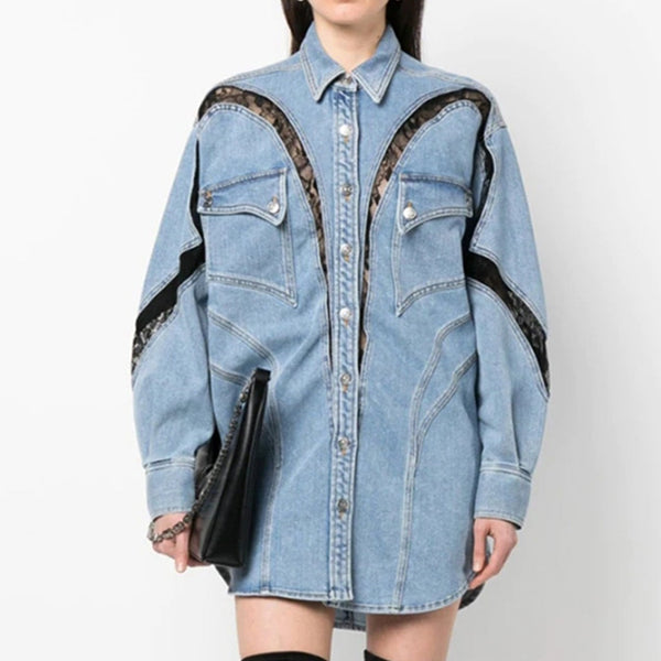 Lace Cut Out Denim Jacket Top Shirt Dress! Chic Top Jeans Jacket Celebrity Fashion 2305