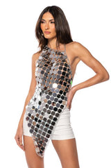 Round Metallic Plates! Asymmetric Sexy Backless Halter Backless Top with Flicker  Shining Tops