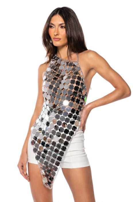 Round Metallic Plates! Asymmetric Sexy Backless Halter Backless Top with Flicker  Shining Tops