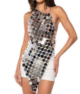 Round Metallic Plates! Asymmetric Sexy Backless Halter Backless Top with Flicker  Shining Tops