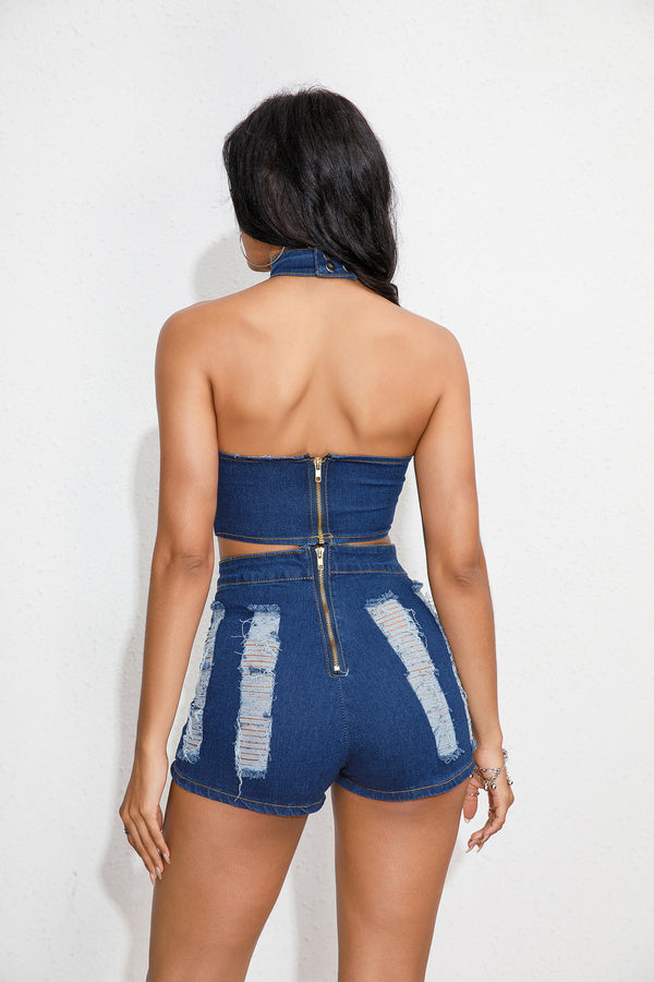 Ripped Turtle Neck Crop Top and Shorts 2-Piece Set, Sexy Jeans Nightclub Wear, Show Girl Wear