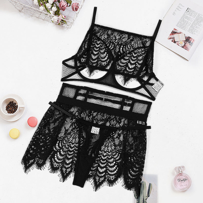 Black Feather Lace ! Sexy Lingerie Bra Panty and Garter 3-Piece Matching Set, Sexy Lingerie Underwear