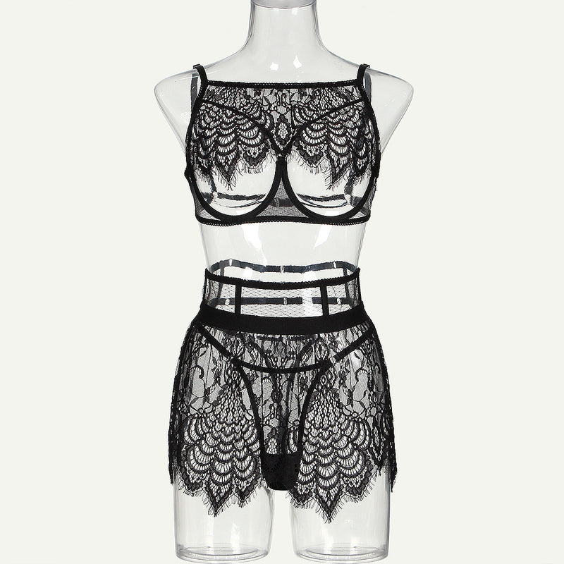 Black Feather Lace ! Sexy Lingerie Bra Panty and Garter 3-Piece Matching Set, Sexy Lingerie Underwear