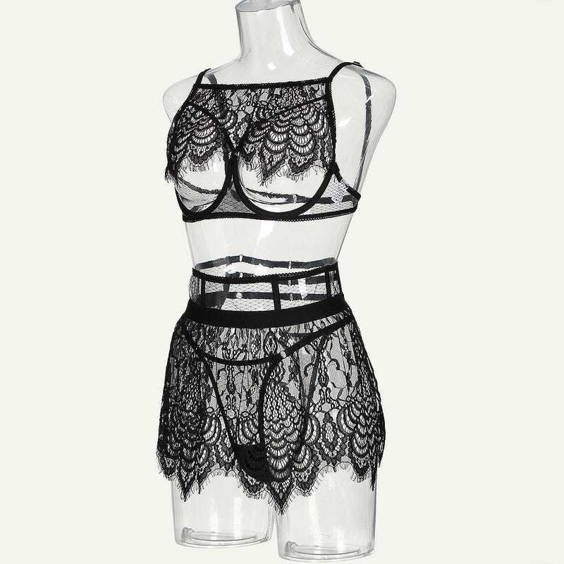 Black Feather Lace ! Sexy Lingerie Bra Panty and Garter 3-Piece Matching Set, Sexy Lingerie Underwear