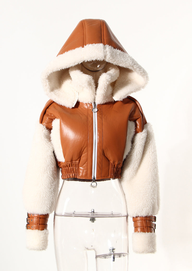 Apricot Vegan Leather Winter Warm Fleeced Suede Hooded Crop Jacket! Chic Winter Jacket Celebrity Fashion 2312