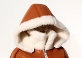 Apricot Vegan Leather Winter Warm Fleeced Suede Hooded Crop Jacket! Chic Winter Jacket Celebrity Fashion 2312