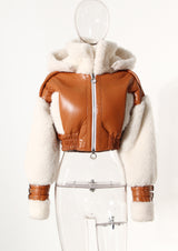 Apricot Vegan Leather Winter Warm Fleeced Suede Hooded Crop Jacket! Chic Winter Jacket Celebrity Fashion 2312