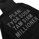 Black Hoodie "Plan Tyda Suda Tam Slam Millioner ..." Loose Fitting Long Sleeve Hooded Sweatshirt Top !