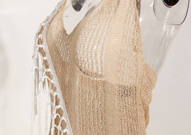 Boho Fringed See-through Knitted Beach Sweater Dress! Sexy Bikini Cover Dress Knitwear Celebrity Fashion 2207