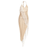 Boho Fringed See-through Knitted Beach Sweater Dress! Sexy Bikini Cover Dress Knitwear Celebrity Fashion 2207