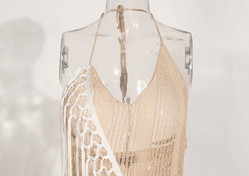 Boho Fringed See-through Knitted Beach Sweater Dress! Sexy Bikini Cover Dress Knitwear Celebrity Fashion 2207