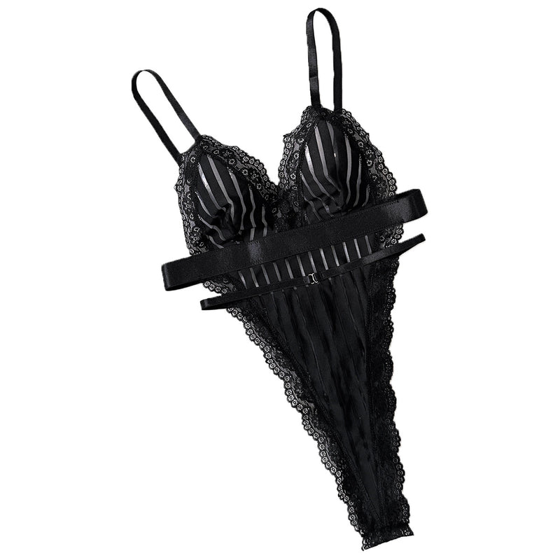 Black Vertical Stripes! Sexy Mesh Lingerie Teddy 1-piece Lingerie Set, Sexy Lingerie Underwear