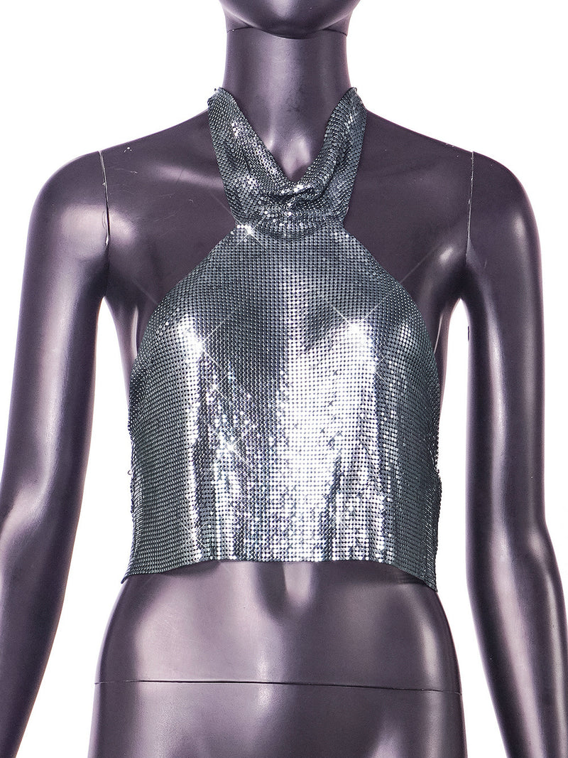 Metal Shine Turtle Neck Hand Crafted Backless Metallic Top! Sexy Hot ClubWear 2306