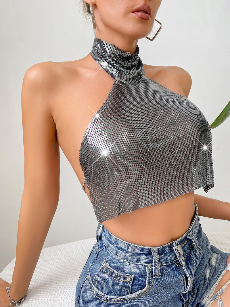 Metal Shine Turtle Neck Hand Crafted Backless Metallic Top! Sexy Hot ClubWear 2306