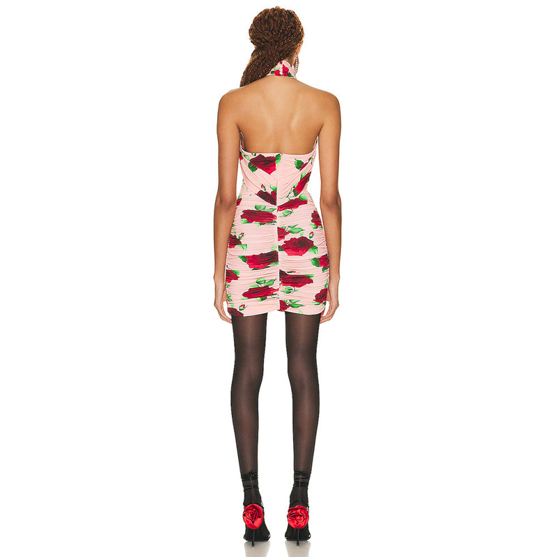 Red Rose Floral Tied Cut Out Floral Halter Dress! Sexy Casual Dress Designer Fashion 2305