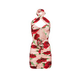 Red Rose Floral Tied Cut Out Floral Halter Dress! Sexy Casual Dress Designer Fashion 2305